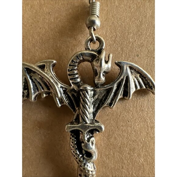 Dragon Sword Silver Tone Gothic Dangle Pierced Earrings 2.5” - Picture 4 of 12